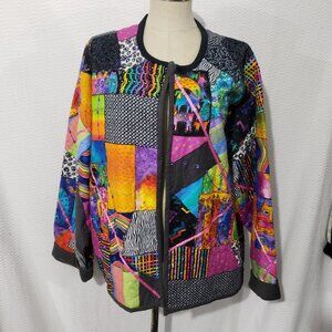 Rare Jerzees Rainbow Patchwork CATS DOGS Pattern Open Front Jacket 2XL (50/52)
